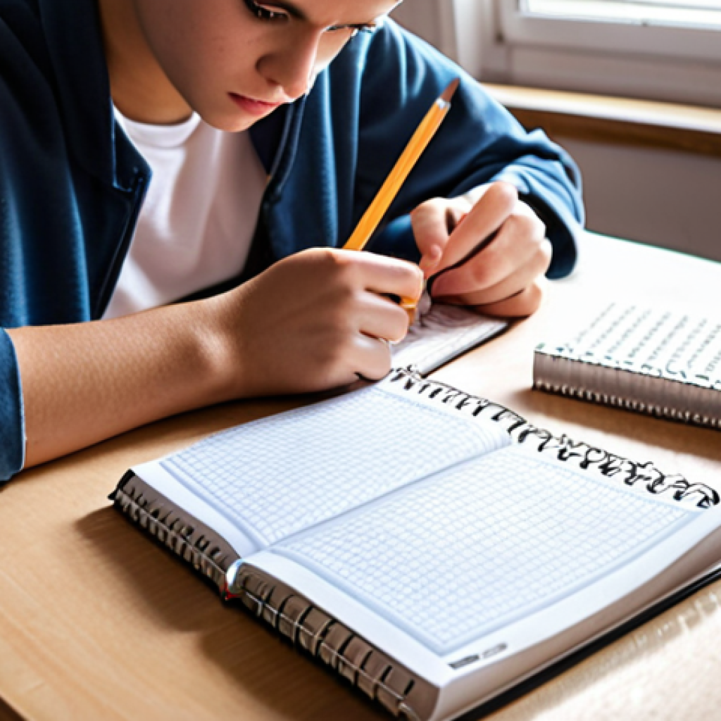 ** A focused student surrounded by business English textbooks and vocabulary notebooks, confidently writing a practice exam with a timer in the foreground. The scene is brightly lit and encouraging.

**
