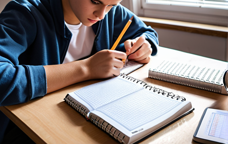 ** A focused student surrounded by business English textbooks and vocabulary notebooks, confidently writing a practice exam with a timer in the foreground. The scene is brightly lit and encouraging.
**