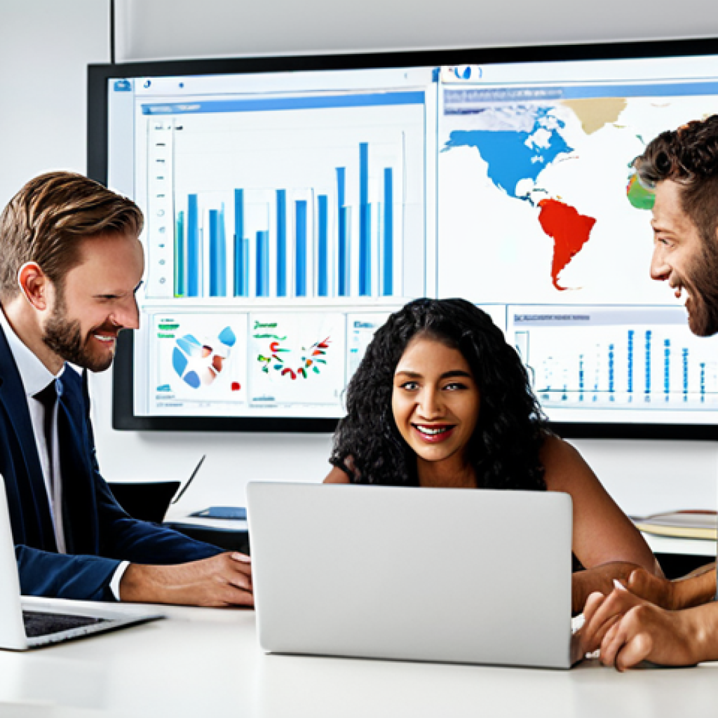 **Prompt:** A diverse team collaborating in a modern office, some using laptops displaying charts and graphs, while others are engaged in a lively discussion. Background elements include flags from various countries subtly displayed, symbolizing global partnerships. Emphasize a sense of cultural sensitivity and successful international business relations. Style: Corporate photography, bright and optimistic.