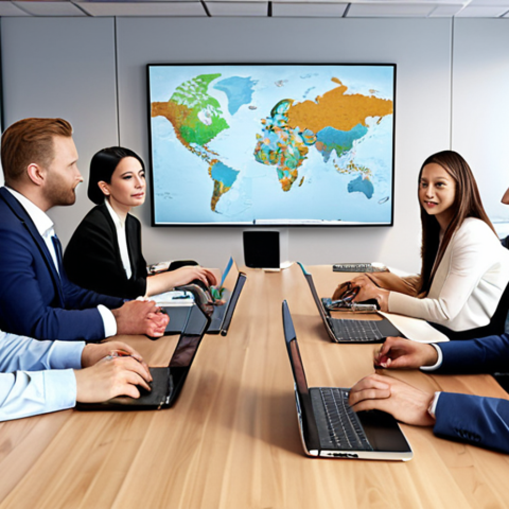 **International Business Meeting:** Diverse professionals in a modern office, confidently communicating in English, showcasing global collaboration and success.