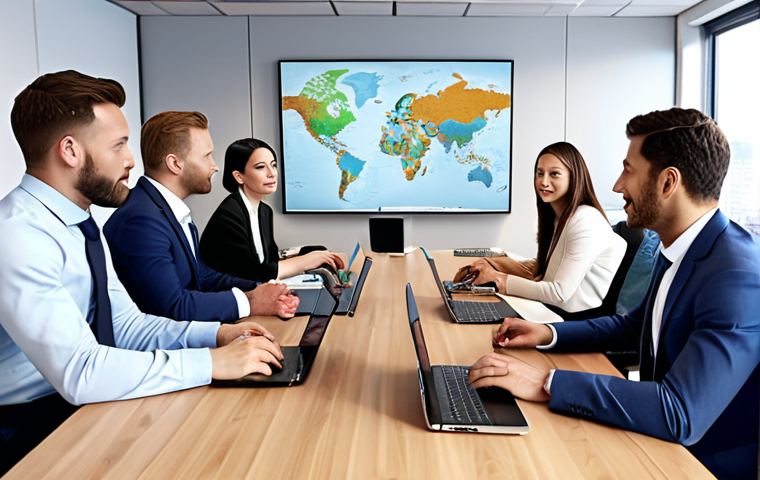 **International Business Meeting:** Diverse professionals in a modern office, confidently communicating in English, showcasing global collaboration and success.