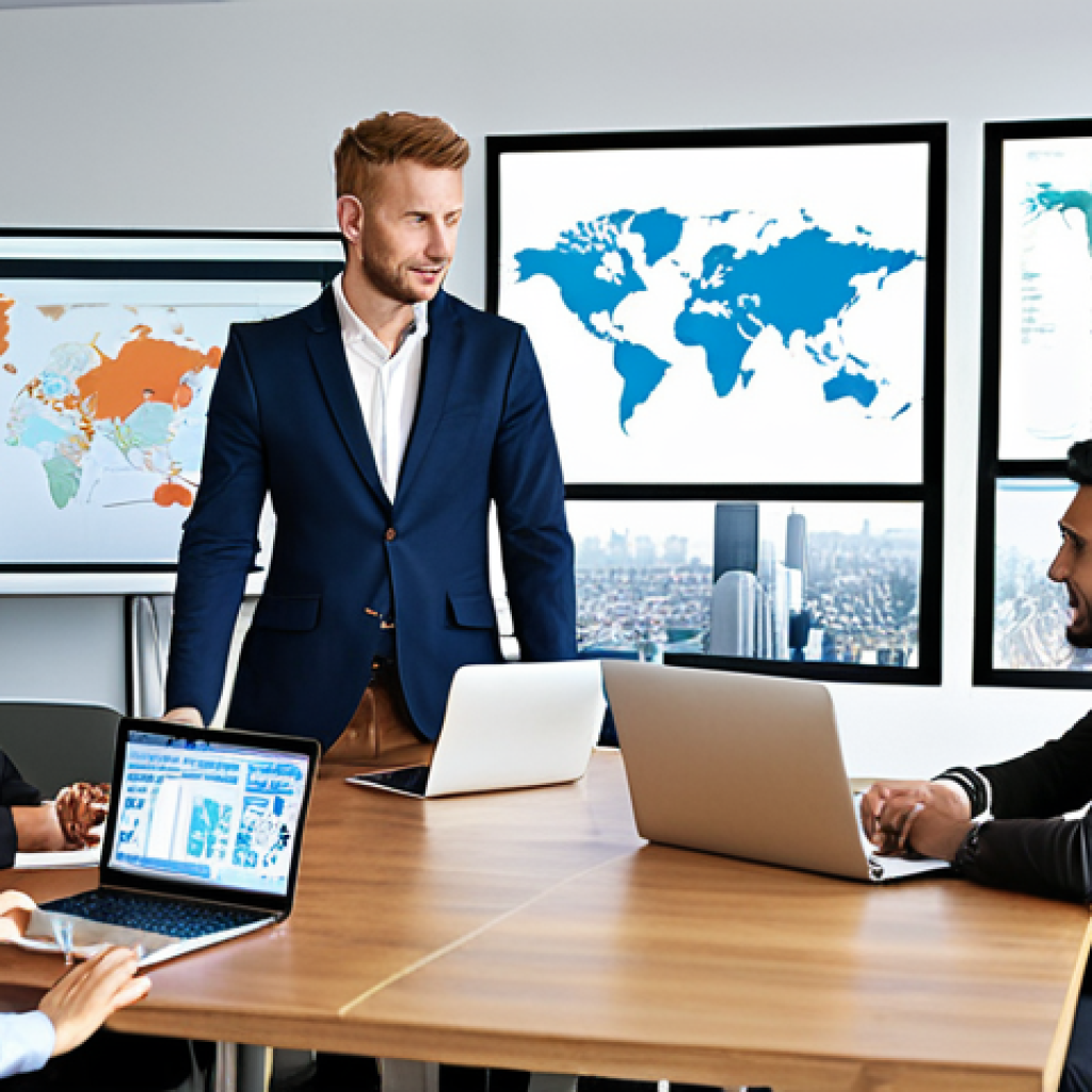 **

*Prompt:* International business meeting in a modern office. Diverse group of people around a table, some using laptops. Focus on confident communication and collaboration. Background shows world map or cityscape.

**