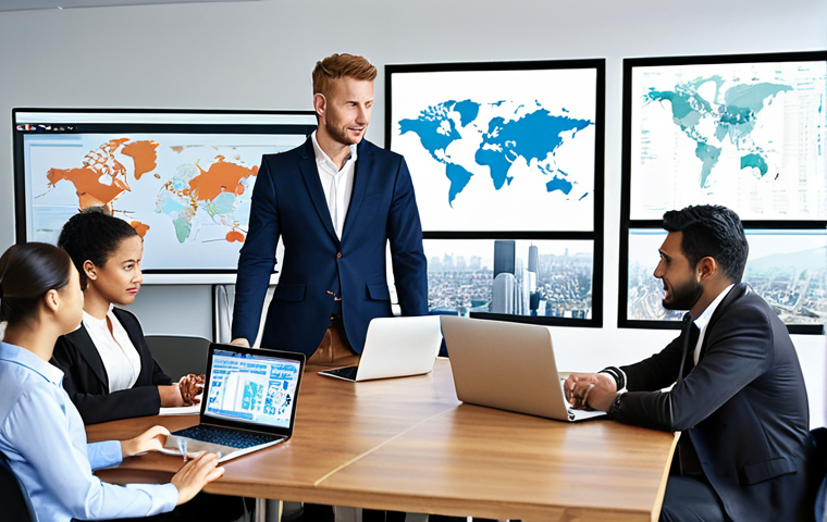 **
*Prompt:* International business meeting in a modern office. Diverse group of people around a table, some using laptops. Focus on confident communication and collaboration. Background shows world map or cityscape.
**