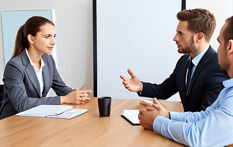 **Business meeting in progress, focus on clear and concise communication. People at a table, one person speaking confidently, minimal jargon, emphasis on understanding. Bright, professional setting.**