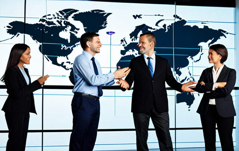 A diverse group of multinational business professionals in modest business attire, standing in a sleek, modern office space with a large digital world map displayed on a transparent screen, showing illuminated connection lines between different continents. They are engaged in a confident, natural pose, symbolizing global collaboration and seamless communication. High-quality professional photography, perfect anatomy, correct proportions, well-formed hands, proper finger count, natural body proportions, crisp focus, excellent lighting. safe for work, appropriate content, fully clothed, professional, family-friendly.