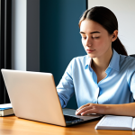 A focused young professional, fully clothed in a modest business casual outfit, sitting at a sleek desk in a sunlit, modern home office. They are diligently studying, with an open textbook on one side and a laptop displaying a business-related online course or news article on the other. A notebook with neatly written business vocabulary is visible. The scene emphasizes dedication and the integration of traditional and digital learning methods. The subject has perfect anatomy, correct proportions, and a natural pose, with well-formed hands and proper finger count. This is a professional image, appropriate content, safe for work, high-quality, and family-friendly.