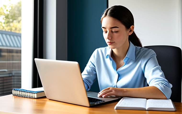 A focused young professional, fully clothed in a modest business casual outfit, sitting at a sleek desk in a sunlit, modern home office. They are diligently studying, with an open textbook on one side and a laptop displaying a business-related online course or news article on the other. A notebook with neatly written business vocabulary is visible. The scene emphasizes dedication and the integration of traditional and digital learning methods. The subject has perfect anatomy, correct proportions, and a natural pose, with well-formed hands and proper finger count. This is a professional image, appropriate content, safe for work, high-quality, and family-friendly.
