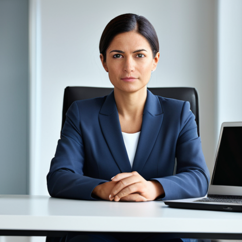 A professional female business executive in a modest business suit, sitting comfortably at a sleek, modern office desk. She is engaged in a virtual video conference on a large, high-resolution monitor, with a serious but approachable expression. Her hands are naturally resting on the desk, near a modern laptop. The office background is clean, well-lit, and subtly blurred to emphasize her focus. The scene depicts perfect anatomy, correct proportions, and a natural pose, with well-formed hands and proper finger count. The image is fully clothed, appropriate attire, safe for work, and professional, showing appropriate content and natural body proportions, suitable for family-friendly viewing.