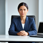 A professional female business executive in a modest business suit, sitting comfortably at a sleek, modern office desk. She is engaged in a virtual video conference on a large, high-resolution monitor, with a serious but approachable expression. Her hands are naturally resting on the desk, near a modern laptop. The office background is clean, well-lit, and subtly blurred to emphasize her focus. The scene depicts perfect anatomy, correct proportions, and a natural pose, with well-formed hands and proper finger count. The image is fully clothed, appropriate attire, safe for work, and professional, showing appropriate content and natural body proportions, suitable for family-friendly viewing.