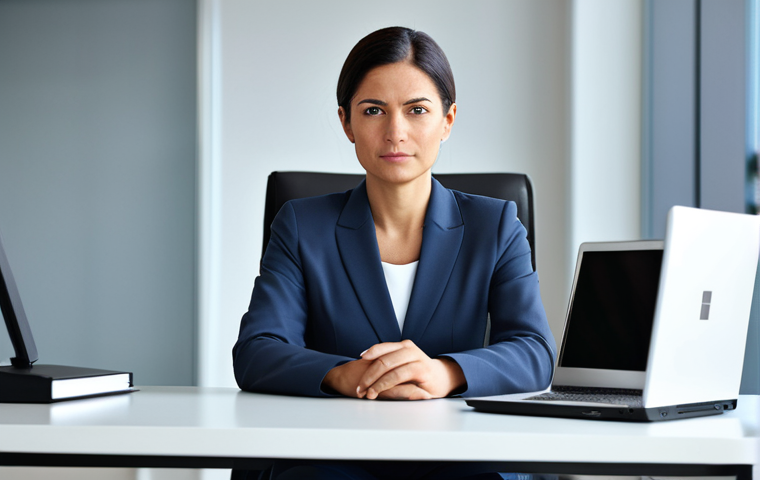 A professional female business executive in a modest business suit, sitting comfortably at a sleek, modern office desk. She is engaged in a virtual video conference on a large, high-resolution monitor, with a serious but approachable expression. Her hands are naturally resting on the desk, near a modern laptop. The office background is clean, well-lit, and subtly blurred to emphasize her focus. The scene depicts perfect anatomy, correct proportions, and a natural pose, with well-formed hands and proper finger count. The image is fully clothed, appropriate attire, safe for work, and professional, showing appropriate content and natural body proportions, suitable for family-friendly viewing.