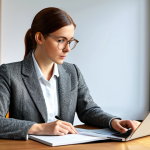 A visually split image illustrating the evolution of Trade English practical exams. On the left, a professional woman, fully clothed in a modest, classic tweed jacket and a collared shirt, sits at a vintage wooden desk. She is deeply focused on an open, thick grammar textbook, with a traditional pen and paper nearby, symbolizing the old theoretical approach. On the right, the same professional woman, fully clothed in a contemporary, professional business suit, is actively engaged with a modern laptop displaying an interactive business communication simulation (e.g., email drafting interface or a virtual meeting screen). The background smoothly transitions from a traditional library setting on the left to a sleek, modern office on the right. Perfect anatomy, correct proportions, natural pose, well-formed hands, proper finger count, natural body proportions. This is a high-quality professional photograph, safe for work, appropriate content, fully clothed, professional.
