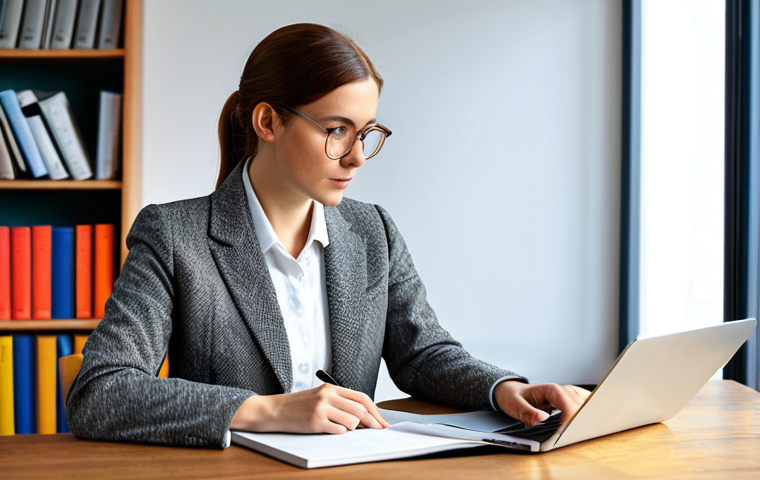 A visually split image illustrating the evolution of Trade English practical exams. On the left, a professional woman, fully clothed in a modest, classic tweed jacket and a collared shirt, sits at a vintage wooden desk. She is deeply focused on an open, thick grammar textbook, with a traditional pen and paper nearby, symbolizing the old theoretical approach. On the right, the same professional woman, fully clothed in a contemporary, professional business suit, is actively engaged with a modern laptop displaying an interactive business communication simulation (e.g., email drafting interface or a virtual meeting screen). The background smoothly transitions from a traditional library setting on the left to a sleek, modern office on the right. Perfect anatomy, correct proportions, natural pose, well-formed hands, proper finger count, natural body proportions. This is a high-quality professional photograph, safe for work, appropriate content, fully clothed, professional.
