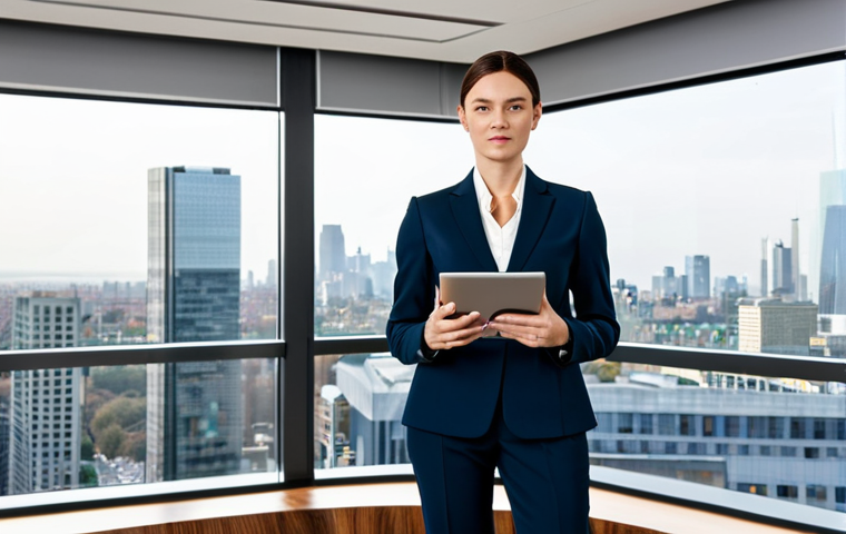 **

"A professional businesswoman in a modern office setting, fully clothed in a tailored business suit, standing confidently with a tablet in hand. The background features a cityscape view through a large window.  Appropriate attire, safe for work, perfect anatomy, correct proportions, natural pose, professional photography, high quality, family-friendly."

**