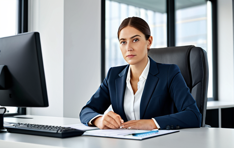 **

A focused businesswoman in a professional business suit, sitting at a clean desk in a modern office. She is fully clothed, with appropriate attire, in a safe for work environment. The image should have perfect anatomy, natural proportions, and be a high-quality professional photograph. Family-friendly and modest.

**