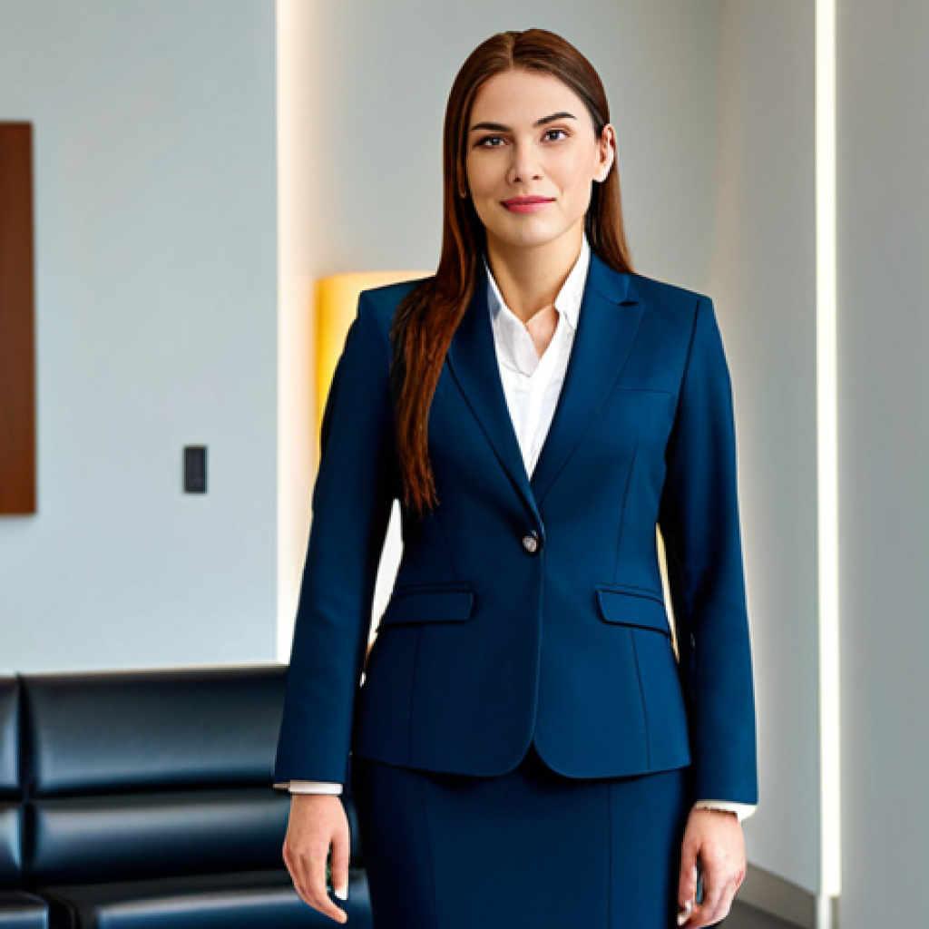 **

"A professional businesswoman in a modest business suit, standing confidently in a modern office lobby, fully clothed, appropriate attire, safe for work, perfect anatomy, natural proportions, professional photography, high quality lighting, family-friendly."

**