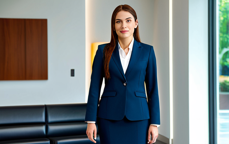 **

"A professional businesswoman in a modest business suit, standing confidently in a modern office lobby, fully clothed, appropriate attire, safe for work, perfect anatomy, natural proportions, professional photography, high quality lighting, family-friendly."

**