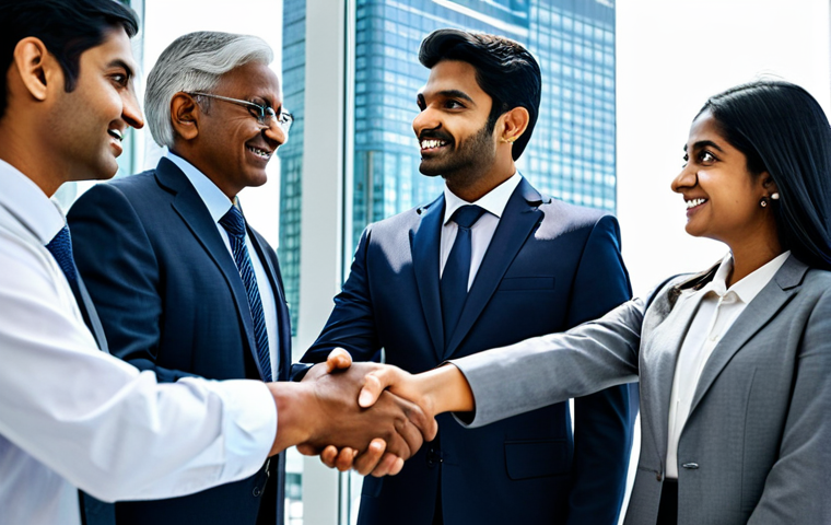 **

A confident, fully clothed Indian businessman in a modern office setting, wearing a professional suit and tie, appropriate attire. He is shaking hands with a diverse group of international colleagues, symbolizing global collaboration. The background shows a cityscape with prominent skyscrapers. Perfect anatomy, correct proportions, well-formed hands, proper finger count, natural body proportions, safe for work, appropriate content, professional, family-friendly.

**