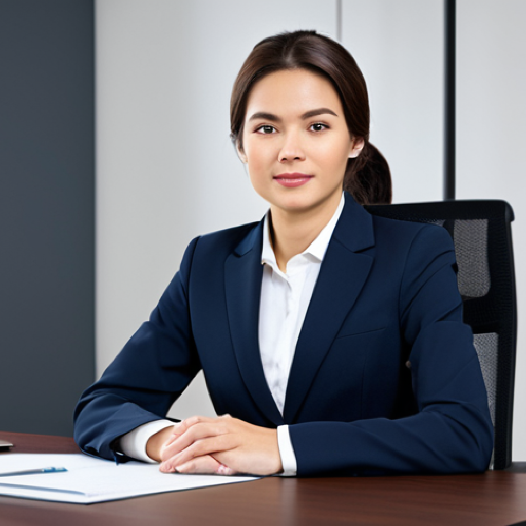 이미지 1:** A professional businesswoman in a modest business suit, sitting at a desk in a modern office, fully clothed, appropriate attire, safe for work, perfect anatomy, natural proportions, professional photography, high quality.