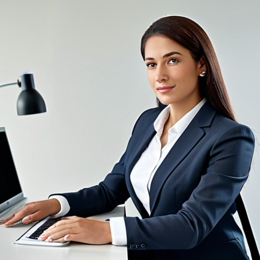 **Professional Businesswoman:** A professional businesswoman in a modest business suit, sitting at a desk in a modern office, fully clothed, appropriate attire, safe for work, perfect anatomy, natural proportions, professional photography, high quality.
