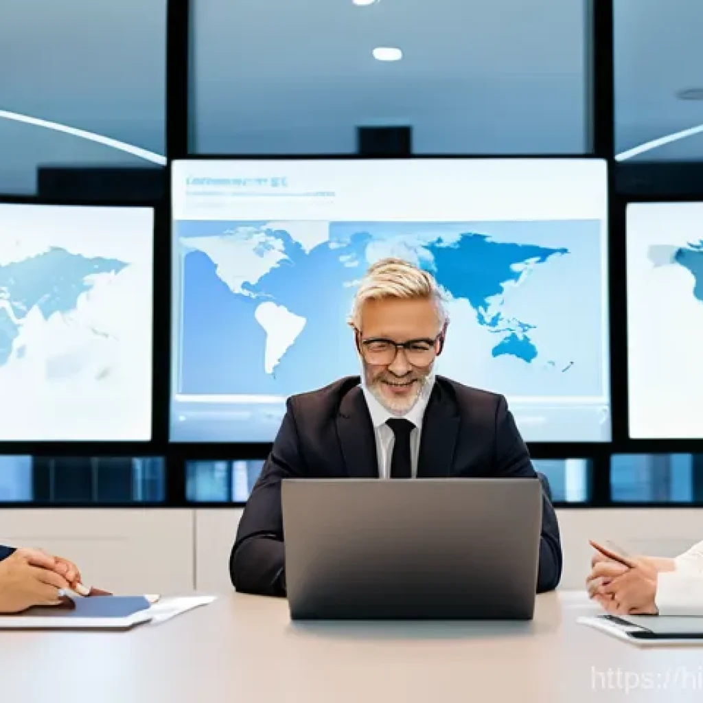 무역영어 자격증 취득 후 경력 발전 - **Prompt:** A diverse group of five professionals (men and women of various ethnicities) in a bright...