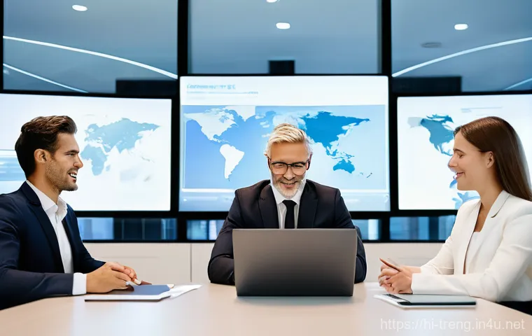 무역영어 자격증 취득 후 경력 발전 - **Prompt:** A diverse group of five professionals (men and women of various ethnicities) in a bright...