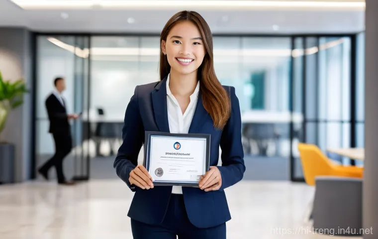 무역영어 자격증 취득 후 경력 발전 - **Prompt:** A diverse group of five professionals (men and women of various ethnicities) in a bright...