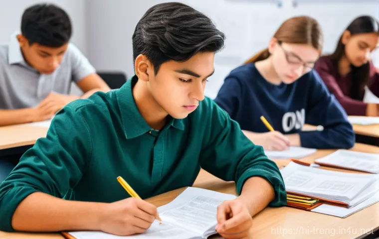 무역영어 필기시험 대비 주요 자료의 활용 분석 - **Prompt:** A bright, young adult (18-22 years old, diverse ethnicity) is engaging with modern digit...