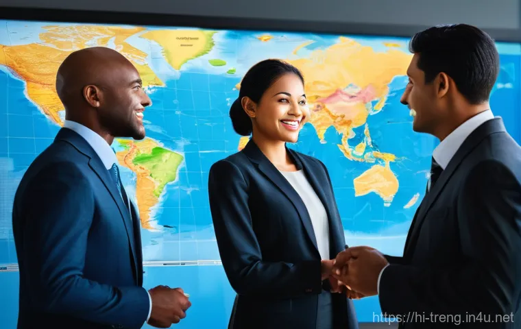 무역영어 학습을 통한 커리어 업그레이드 - **Prompt 1: Global Business Confidence and Networking**
    "A diverse group of five successful busi...