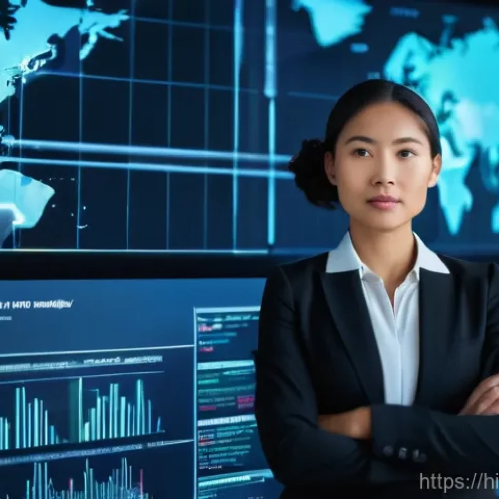 무역영어 실기시험을 위한 실전 연습 사례 - **Prompt:** A diverse, confident female professional in her early 30s stands in a sleek, modern glob...