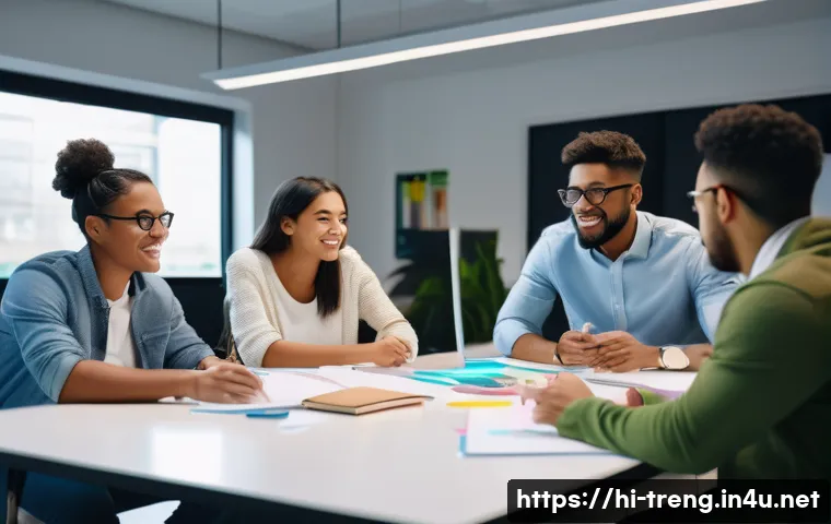 무역영어 실기시험 대비 주요 참고 자료 - **Prompt:** A group of ethnically diverse young adults are collaborating in a brightly lit, modern o...