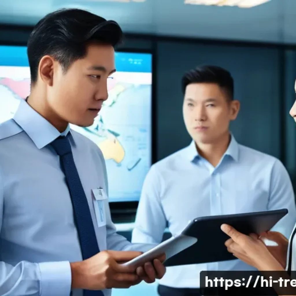 무역영어와 비즈니스 영어의 차이점 - **Prompt: Global Trade Facilitation**
    "A diverse group of three professionals in a brightly lit,...