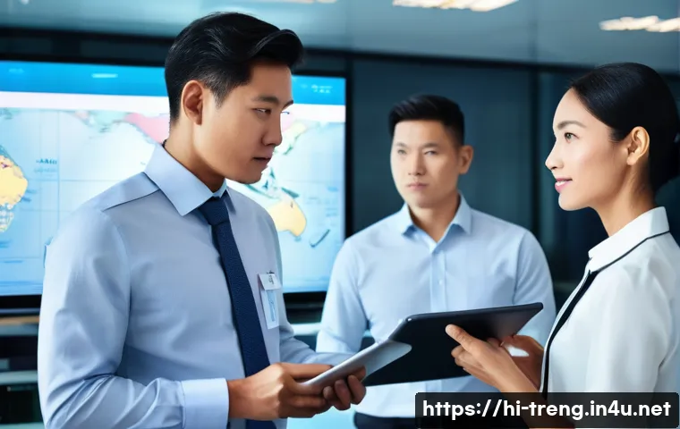 무역영어와 비즈니스 영어의 차이점 - **Prompt: Global Trade Facilitation**
    "A diverse group of three professionals in a brightly lit,...