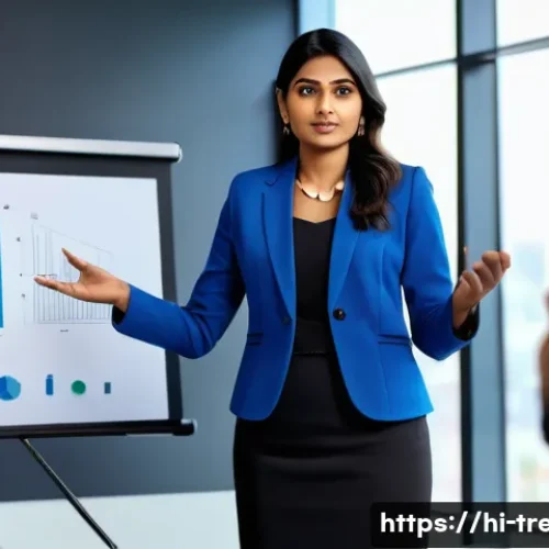 Home 23 무역영어를 배우면 좋은 이유 - A professional Indian businesswoman in a modern office setting, confidently delivering a presentatio...
