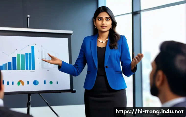 무역영어를 배우면 좋은 이유 - A professional Indian businesswoman in a modern office setting, confidently delivering a presentatio...