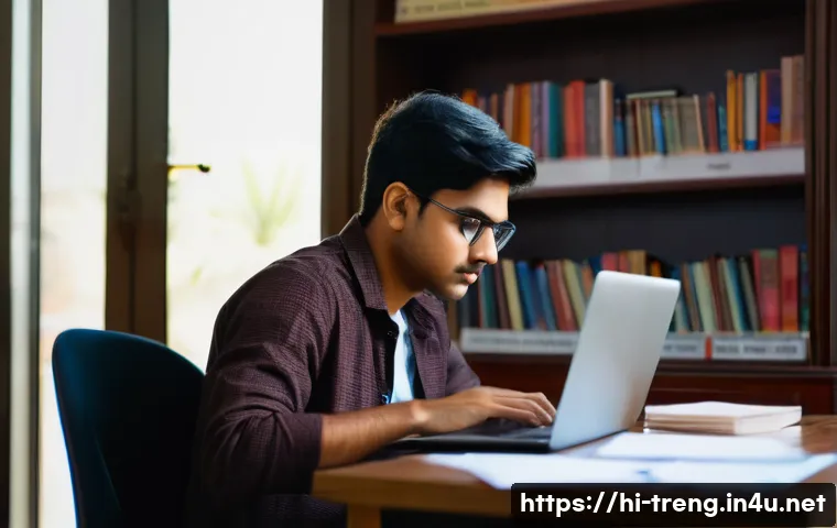 무역영어 시험 대비 모의고사 활용 - A focused Indian student sitting at a study desk in a quiet room, taking a business English mock tes...