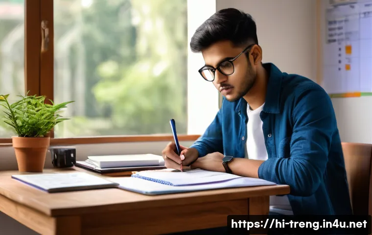 무역영어 실기시험에서 고득점 비법 - A focused young Indian student, wearing casual clothes and glasses, sitting at a wooden desk with a ...
