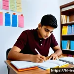 무역영어 시험 대비에서 발생한 주요 문제 해결 사례 - A focused study scene of a young Indian student preparing for a Business English exam, sitting at a ...