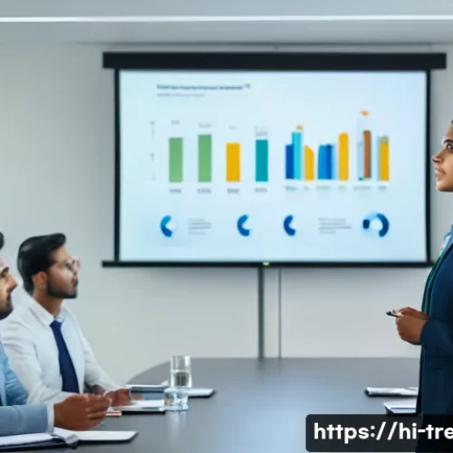 무역영어 자격증으로 해외 인턴십 지원 - A professional Indian young woman in formal business attire, confidently giving a presentation in a ...