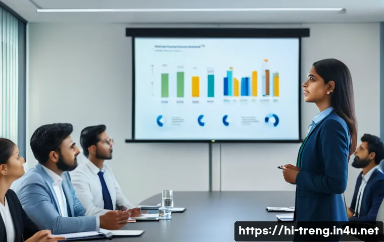 무역영어 자격증으로 해외 인턴십 지원 - A professional Indian young woman in formal business attire, confidently giving a presentation in a ...