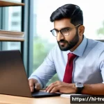 무역영어 시험 대비 과정에서 배운 중요한 교훈 - A professional Indian businessman sitting confidently at a modern office desk, writing a formal busi...