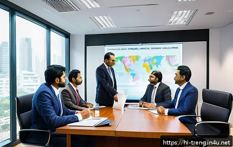 무역영어 실무와 학문적 접근 - A professional Indian business meeting scene set in a modern corporate office with diverse Hindi-spe...