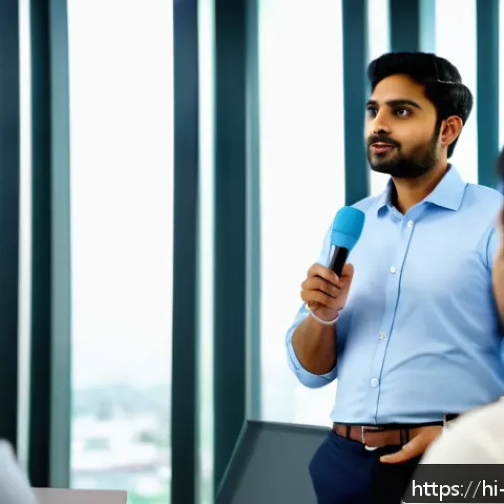 무역영어 자격증으로 구축된 직무 경쟁력 - A professional Indian man in his late 20s confidently delivering a business presentation in a modern...
