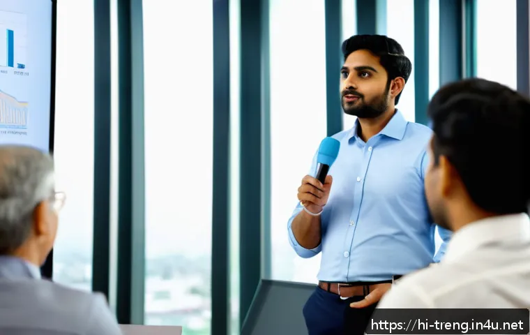 무역영어 자격증으로 구축된 직무 경쟁력 - A professional Indian man in his late 20s confidently delivering a business presentation in a modern...