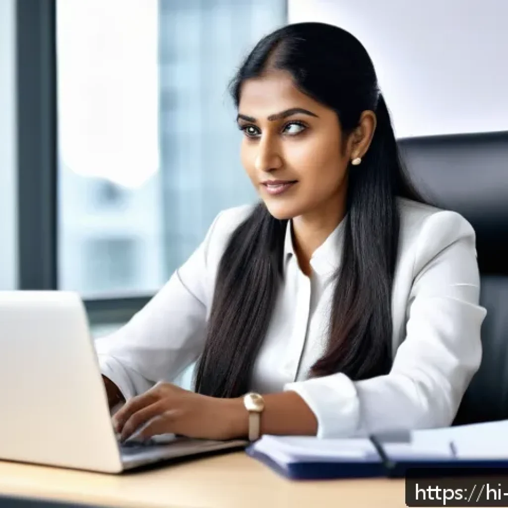 무역영어 학습법 개선과 효율적 자료 활용 - A confident Indian professional woman in business attire, sitting at a modern office desk with a lap...