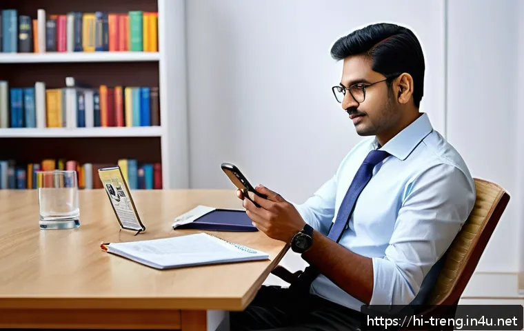 무역영어 학습을 위한 추천 도구 - A professional Indian man in formal business attire sitting comfortably in a modern home office, usi...