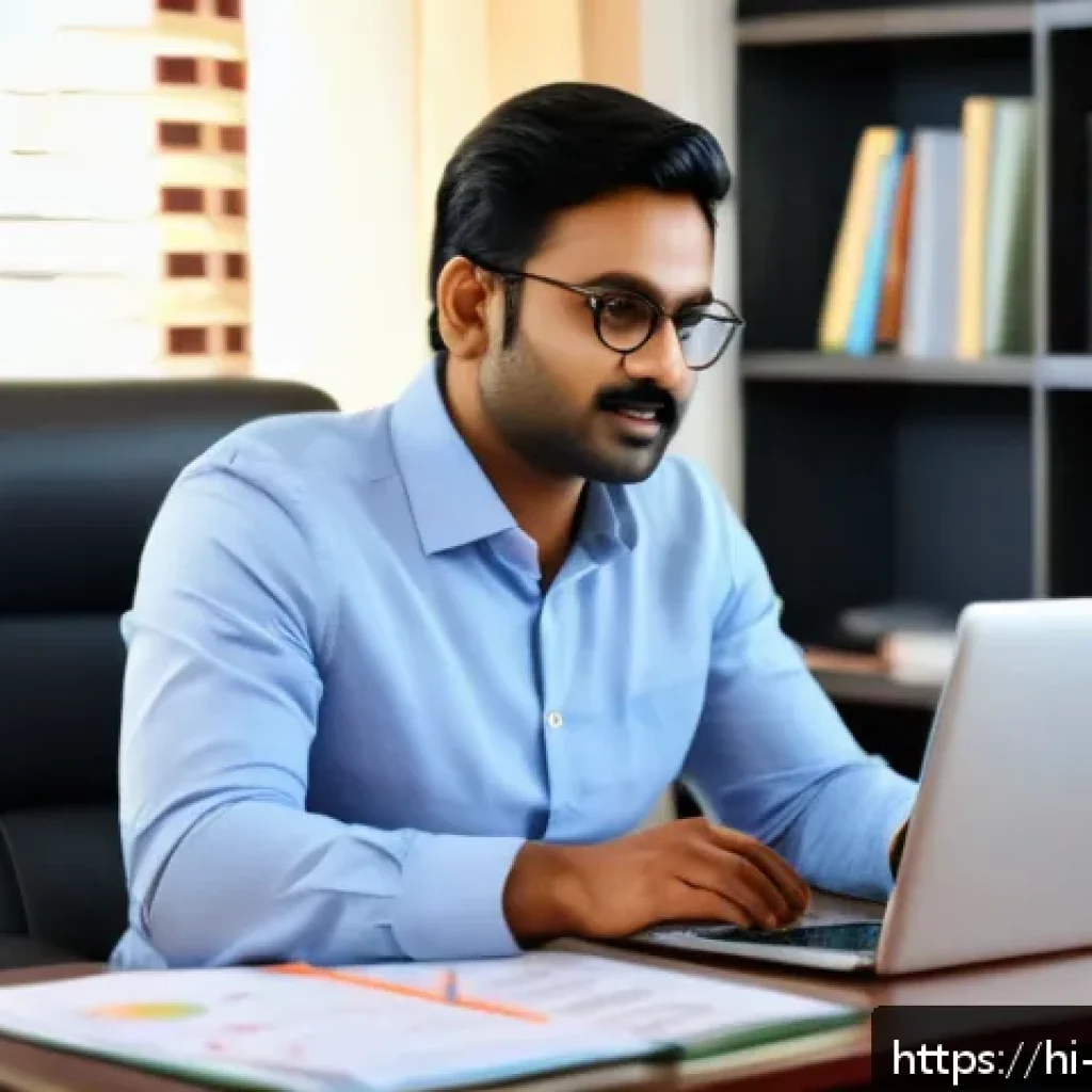무역영어 학습에 유용한 사이트 - A professional Indian man in formal business attire sitting at a modern desk with a laptop and tradi...