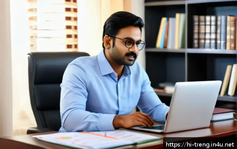 무역영어 학습에 유용한 사이트 - A professional Indian man in formal business attire sitting at a modern desk with a laptop and tradi...
