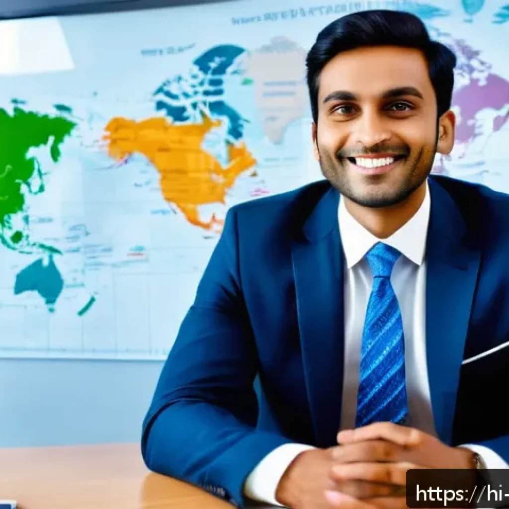 무역영어 자격증 취득의 장단점 - A confident Indian professional in formal office attire, wearing a suit and tie, engaged in a busine...