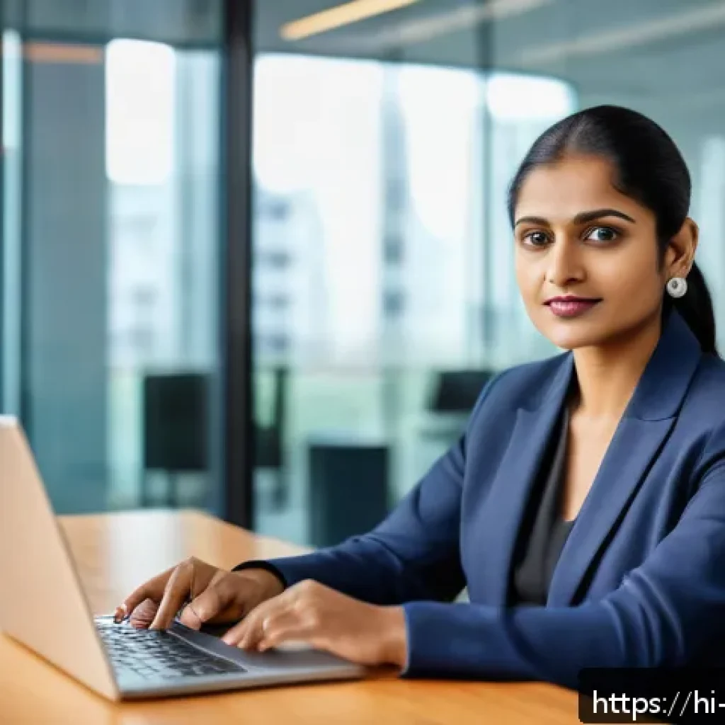 무역영어 학습법의 효율적 개선과 자료 활용 사례 연구 - A professional Indian businesswoman in formal office attire, sitting confidently at a modern desk wi...