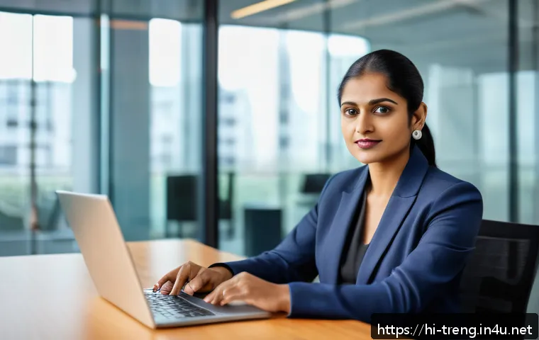 무역영어 학습법의 효율적 개선과 자료 활용 사례 연구 - A professional Indian businesswoman in formal office attire, sitting confidently at a modern desk wi...